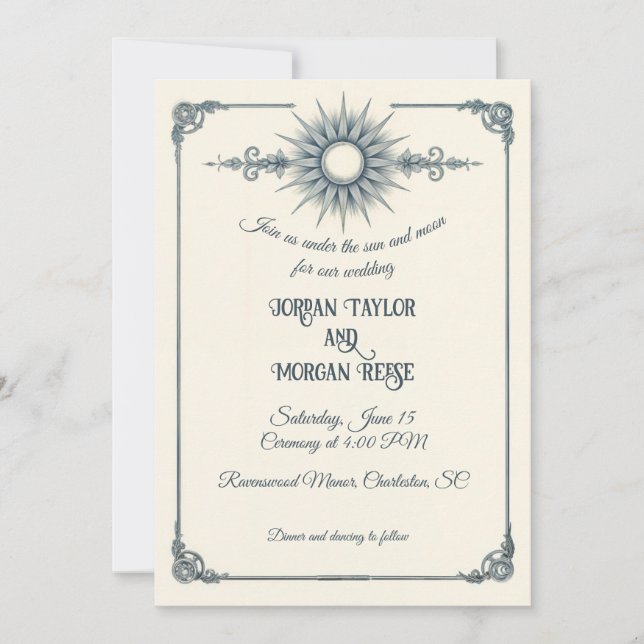 Calligraphie Vintage Blue Sun Faire-part de mariag (Devant)
