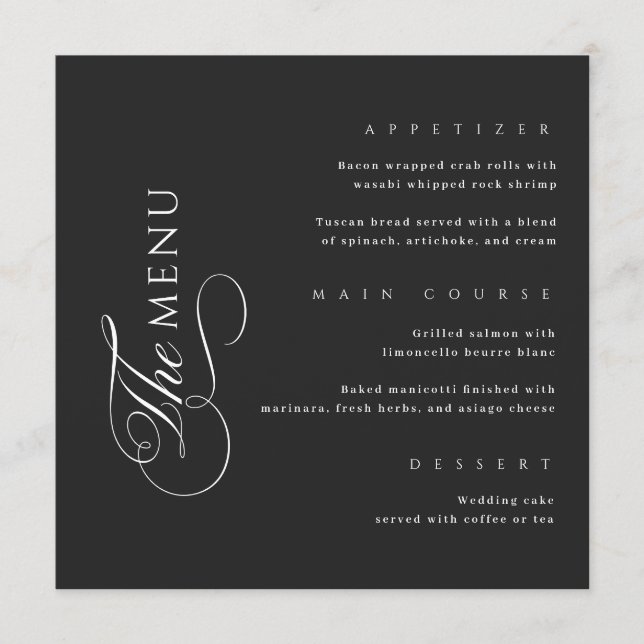 Calligraphy Elegant Square Black Wedding Menu (Devant)