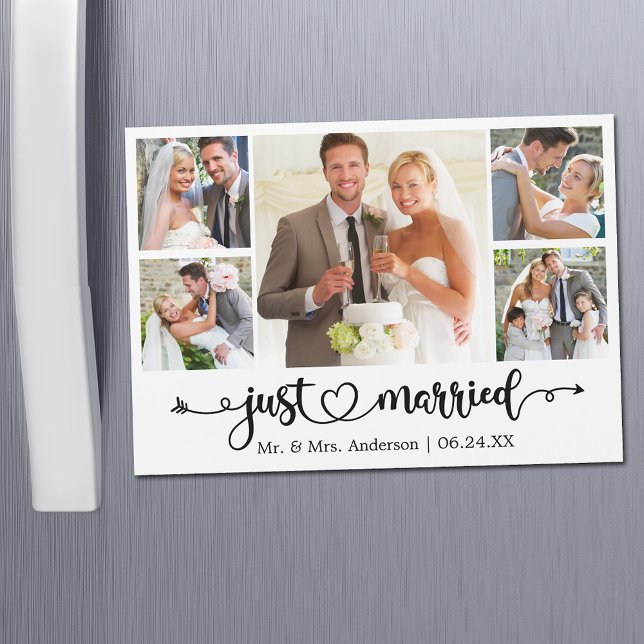 Calligraphy Heart Just Married 5 Photo Magnet Card (Customize to change your personalized text size or text style.)