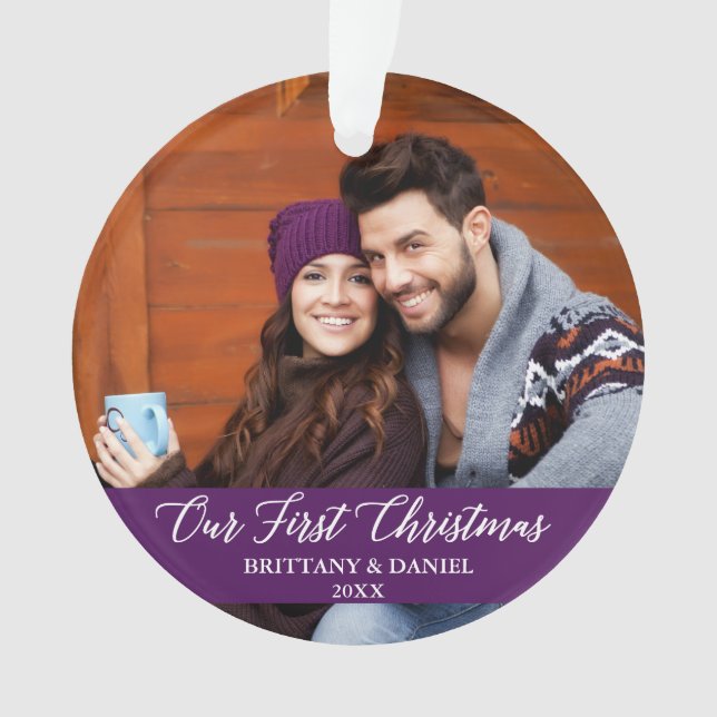 Calligraphy Our First Christmas Photo Purple (devant)