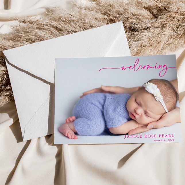 Calligraphy Pink Welcoming Baby Announcement card (Créateur téléchargé)