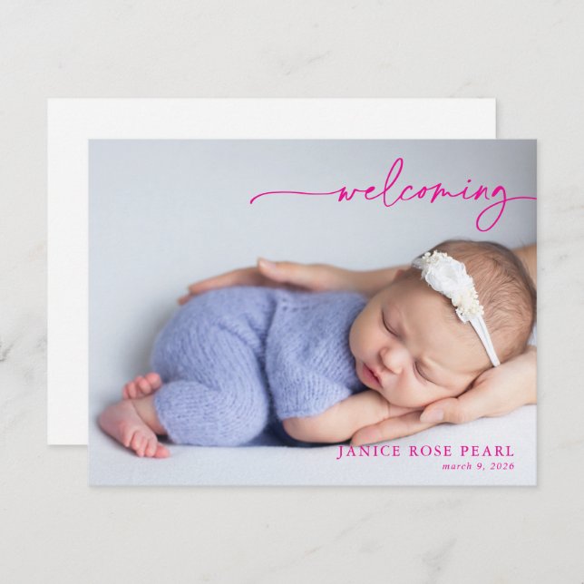 Calligraphy Pink Welcoming Baby Announcement card (Devant / Derrière)