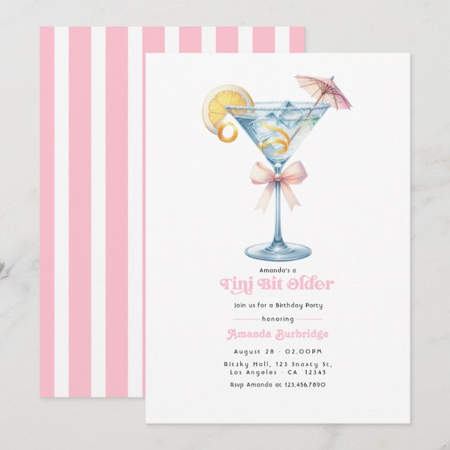 Calme Invitation d'anniversaire Martini Rose Tini  (Devant / Derrière)