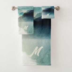 Calme Nature Aquarelle Montagne Scène Monogramme