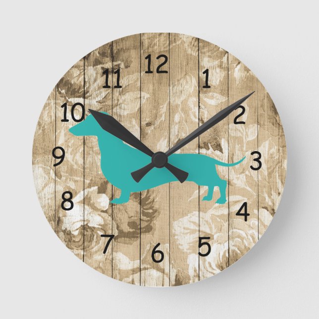 Calque Florale Bois Faux Dachshund Horloge murale (Recto)