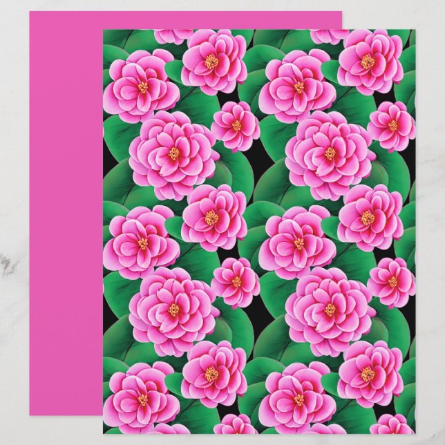 Camellias rose Fuchsia et Feuilles verts Jade (Devant / Derrière)