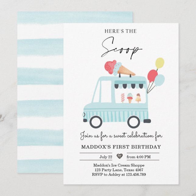 Camion à glace 1er anniversaire Invitation Garçon  (Devant / Derrière)