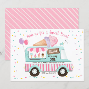 Camion à glace Invitation Anniversaire Fille rose