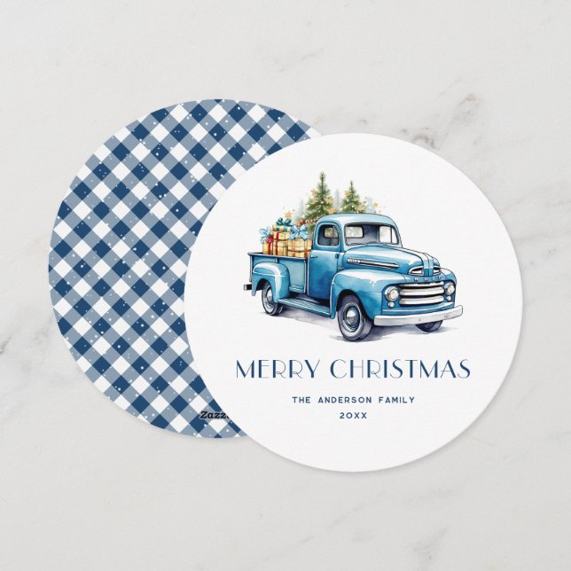 Camion bleu rustique En vichy Cartes de Noël (Devant / Derrière)