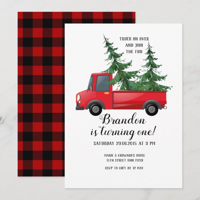 Camion Bois Rouge Plaid Invitation de premier anni (Devant / Derrière)