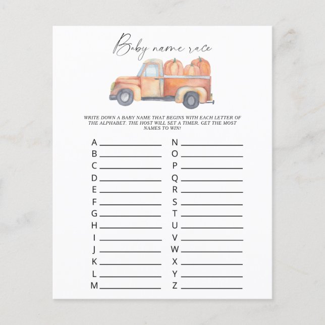 Camion citrouille - Jeu de course de nom de bébé (Devant)