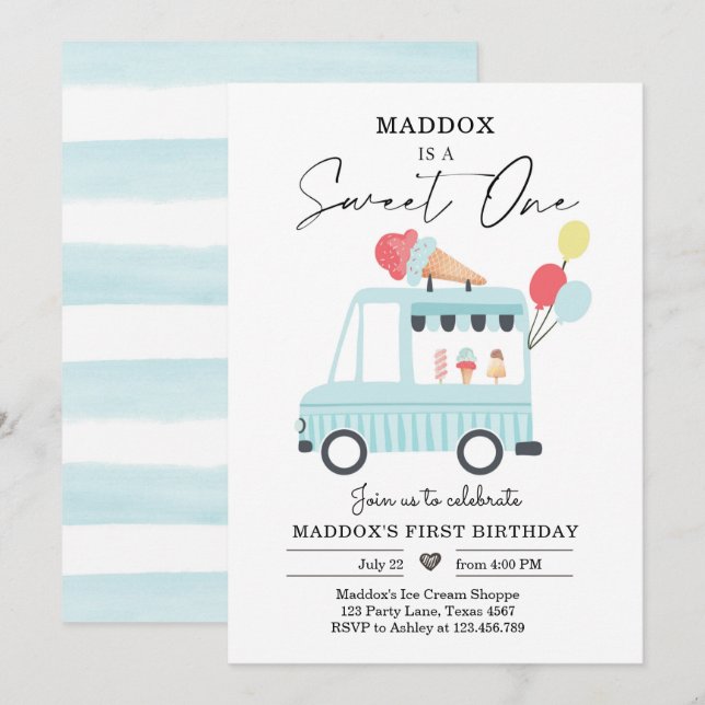 Camion Crème de glace 1er anniversaire Invitation  (Devant / Derrière)