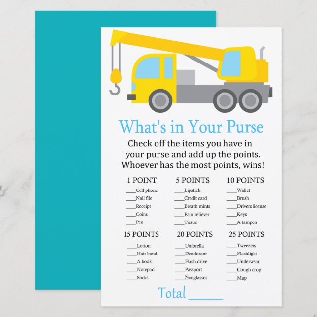 Camion de grue Qu'y a-t-il dans votre baby shower  (Devant / Derrière)