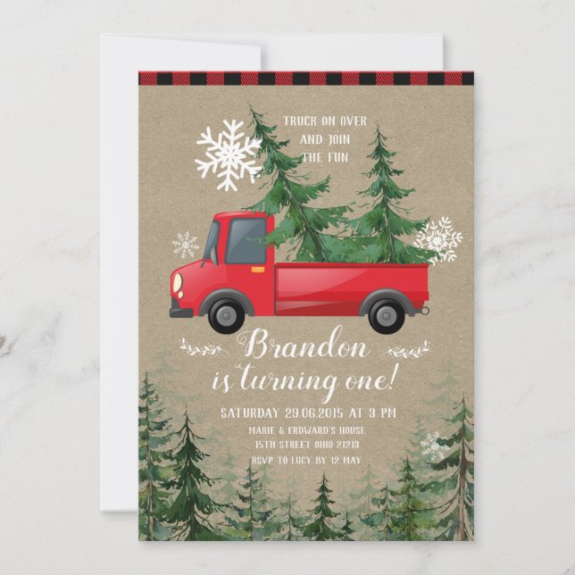 Camion de Noël Rustic Plaid Invitation d'anniversa (Devant)