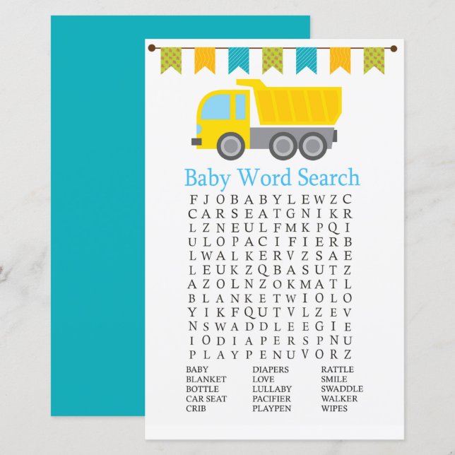 Camion de vidage Baby shower Word Search Jeu (Devant / Derrière)