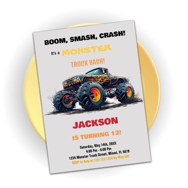 Camion Monster Jaune Invitations Anniversaire (Yellow Monster Truck Birthday Invitations)