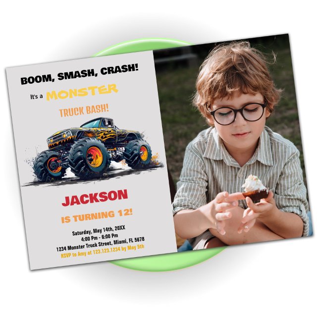Camion Monster Jaune Invitations Anniversaire Phot (Yellow Monster Truck Birthday Invitations Photo)