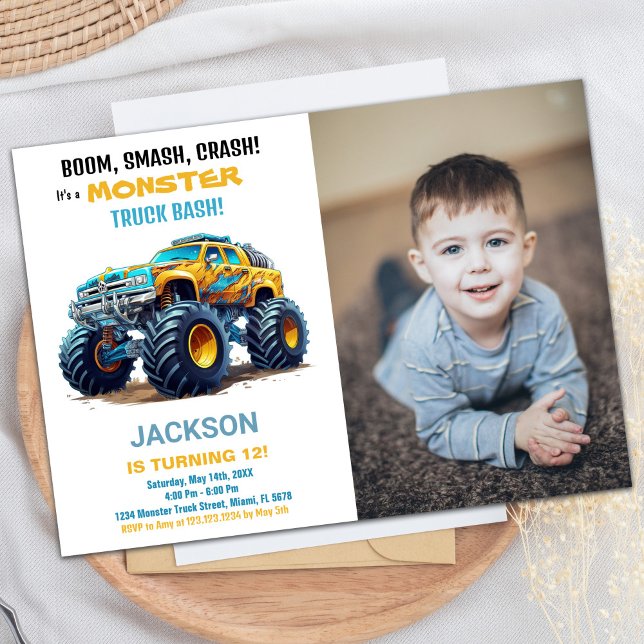 Camion Monster Jaune Invitations Anniversaire Phot (Yellow Monster Truck Birthday Invitations Photo)