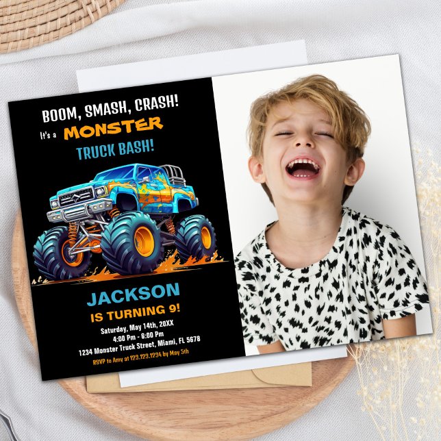 Camion Monster noir Invitations Anniversaire Photo (Black Monster Truck Birthday Invitations Photo)