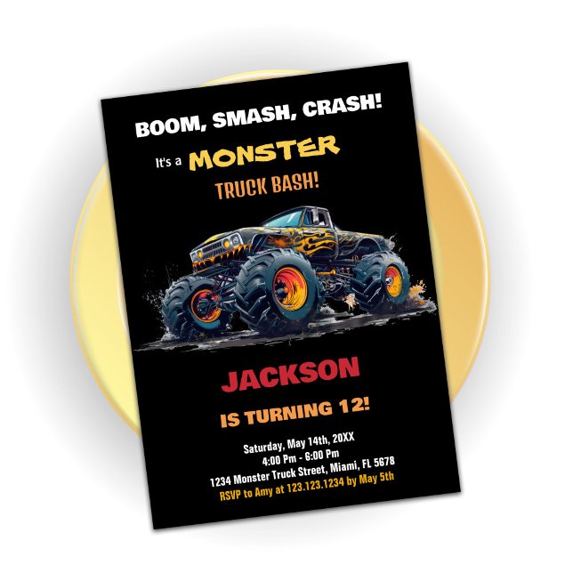 Camion Monster noir jaune Invitations d'anniversai (Yellow Monster Truck Birthday Invitations)