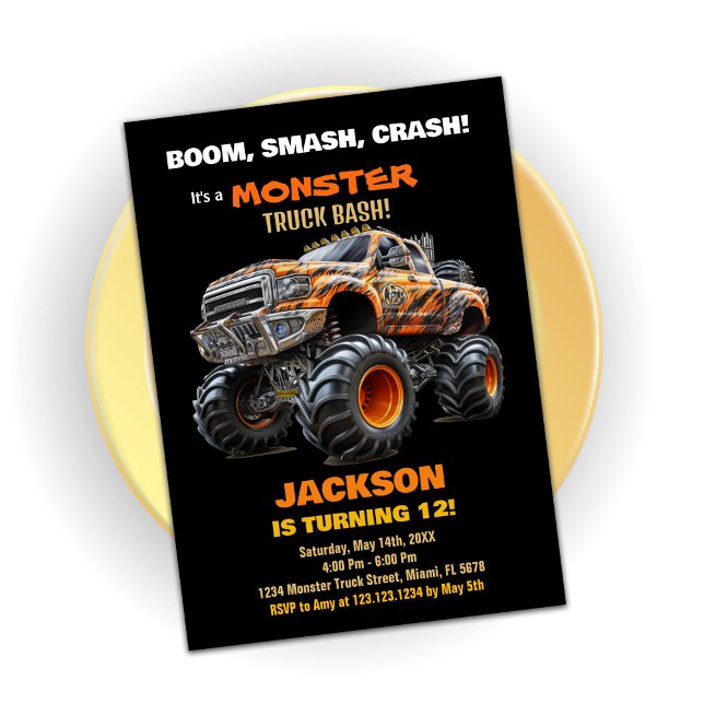 Camion Monster Orange foncé Invitations d'annivers (Dark Orange Monster Truck Birthday Invitations)