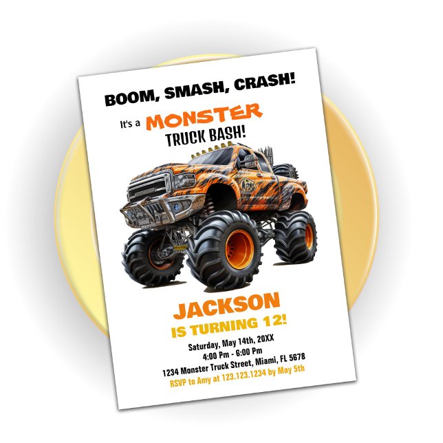 Camion Monster Orange foncé Invitations d'annivers (Dark Orange Monster Truck Birthday Invitations)