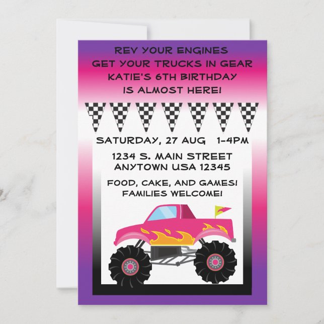 Camion Monster rose et violet 5" x 7" Invitations (Devant)