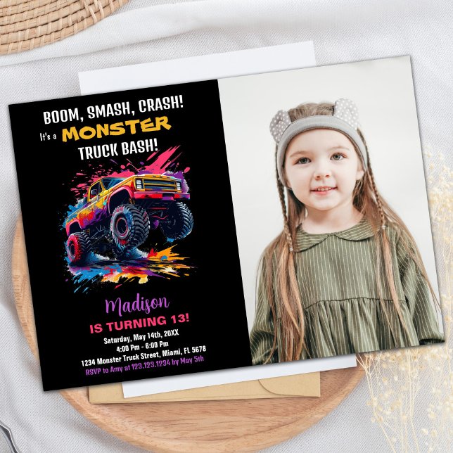 Camion Monster Rose Invitations Anniversaire Photo (Pink Monster Truck Birthday Invitations Photo)