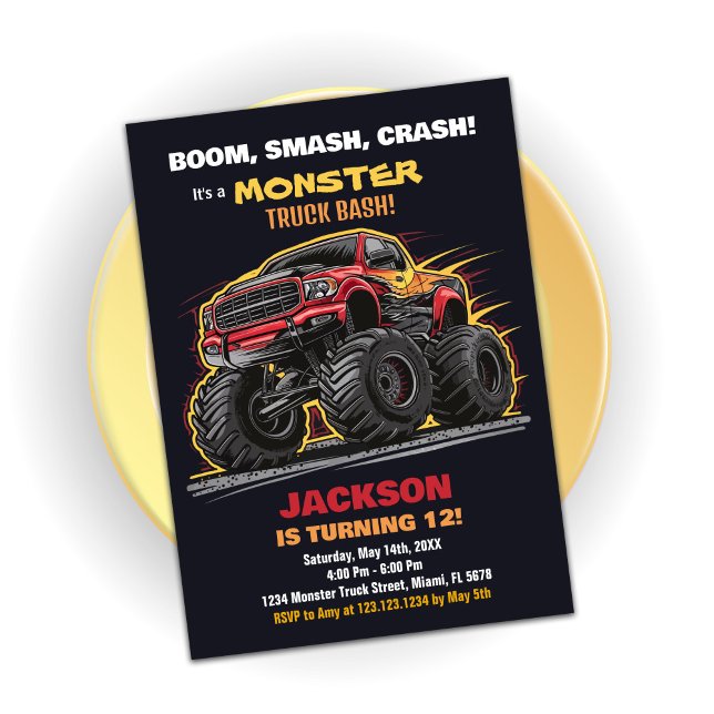 Camion Red Black Monster Invitations Anniversaire (Red Black Monster Truck Birthday Invitations)