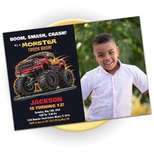 Camion Red Black Monster Invitations Anniversaire