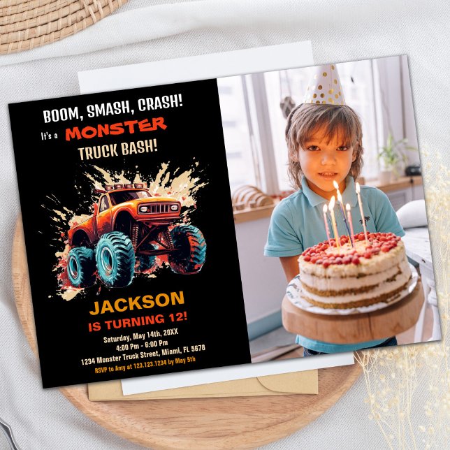 Camion Red Monster Invitations Anniversaire Photo (Red Monster Truck Birthday Invitations Photo)