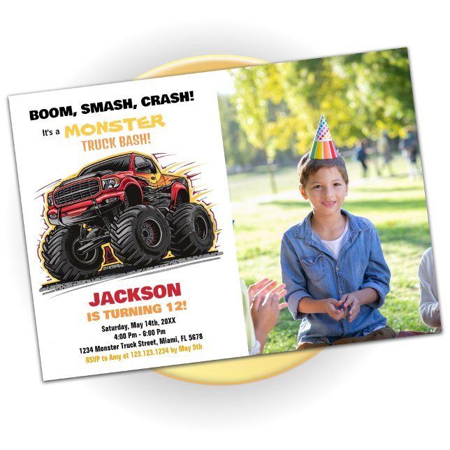 Camion Red Monster Invitations Anniversaire Photo (Red Monster Truck Birthday Invitations Photo)