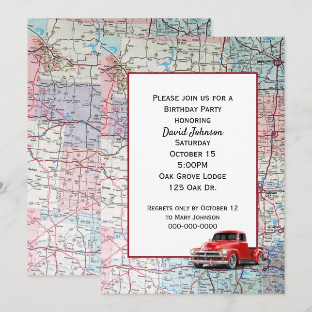 Camion rouge rétro sur la carte pour la fête (Devant / Derrière)