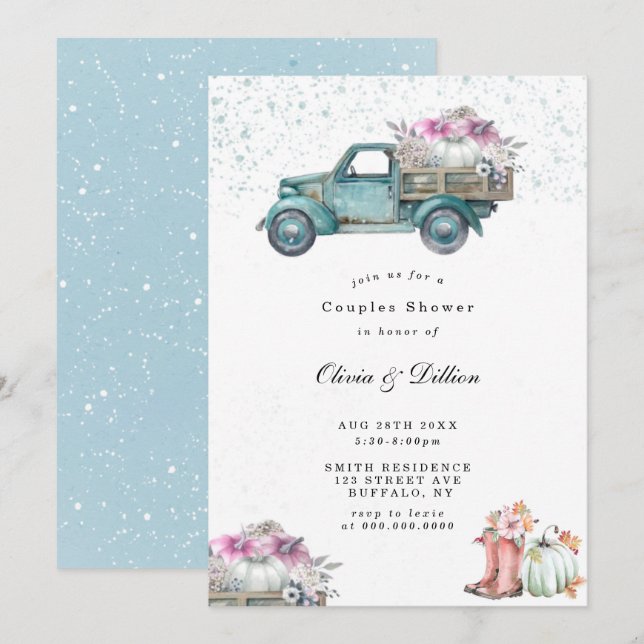 Camion vintage et Citrouille Couples Invitations d (Devant / Derrière)