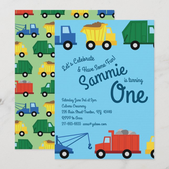 Camions colorés 1er anniversaire Invitations (Devant / Derrière)
