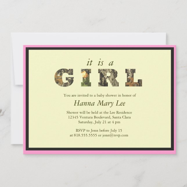 Camo c'est une invitation de baby shower de fille (Devant)