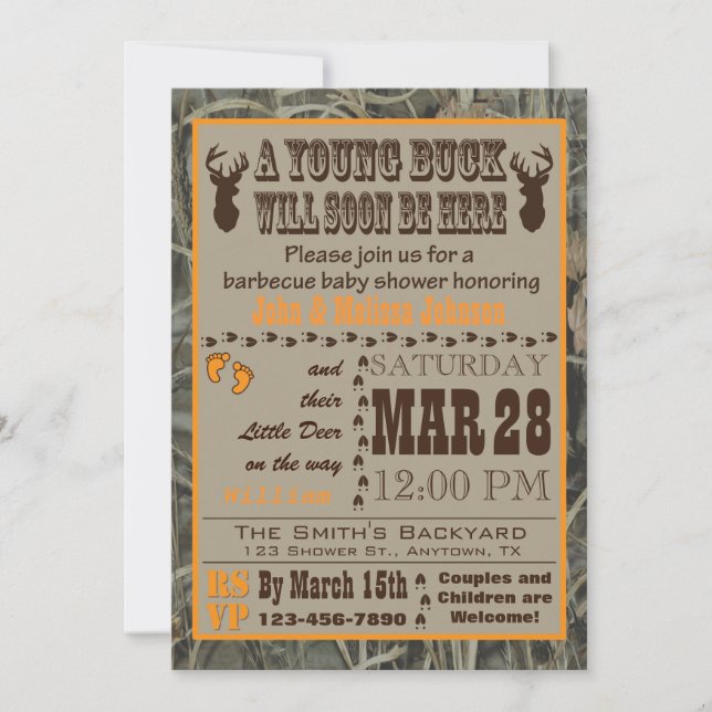 Camo orange chassant des invitations de baby (Devant)