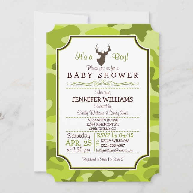 Camo Vert, Cerf ; Invitation Baby shower Garçon (Devant)