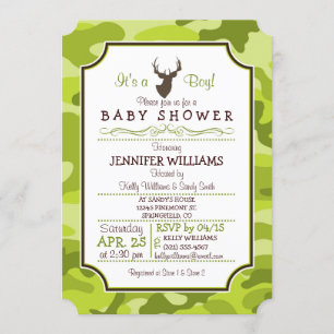 Camo Vert, Cerf ; Invitation Baby shower Garçon