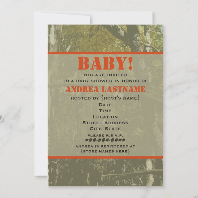 Camouflage et invitation orange de baby shower (Devant)