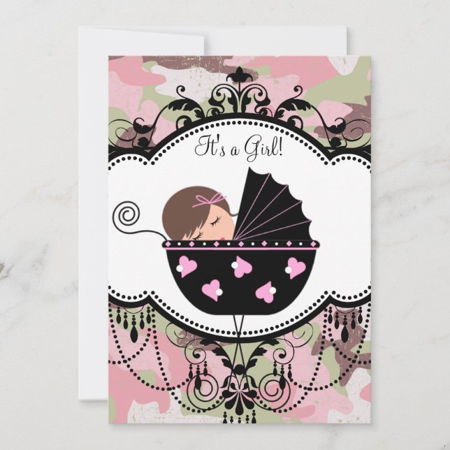 Camouflage noir rose Baby Girl Douche Invitations (Devant)