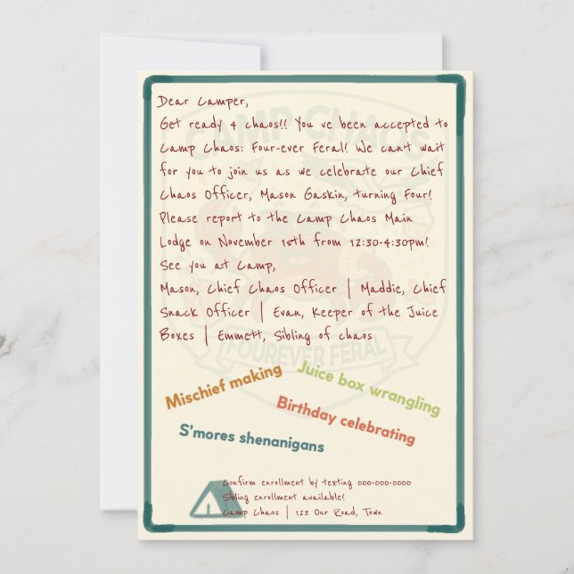 Camp Chaos: Forever Feral 4th Birthday Invitation (Devant)