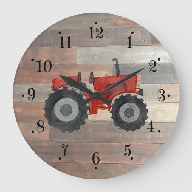 Campagne Ferme Tracteur Rouge Faux Bois Horloge mu (Recto)