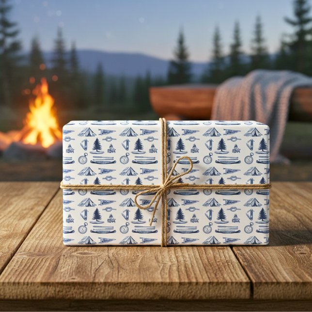 Camping Adventure Papier à enveloppement bleu main (Camping Adventure Blue Wrapping Paper)
