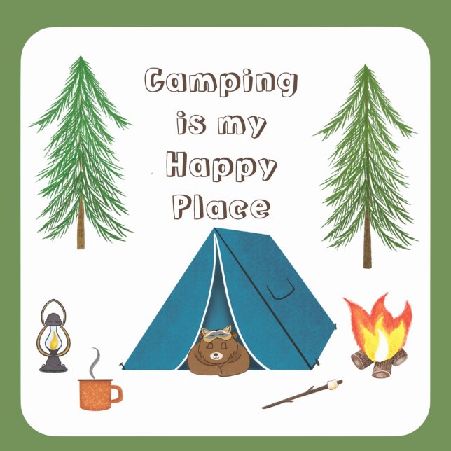 Camping est mon Happy Place Bear Sticker Carré (Créateur téléchargé)