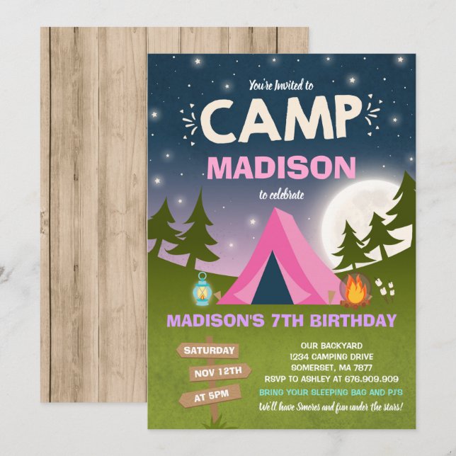 Camping Invitation Anniversaire Camp hors fête (Devant / Derrière)