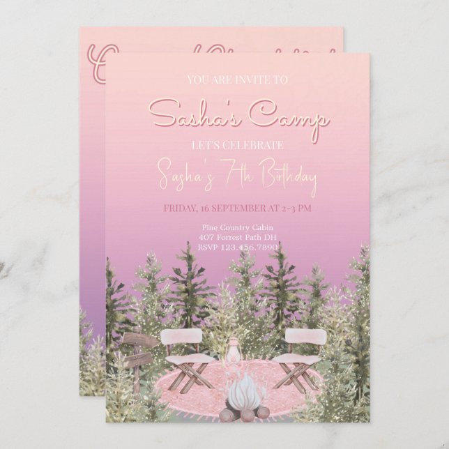 Camping Pique-nique Forêt Fille Invitation Anniver (Devant / Derrière)
