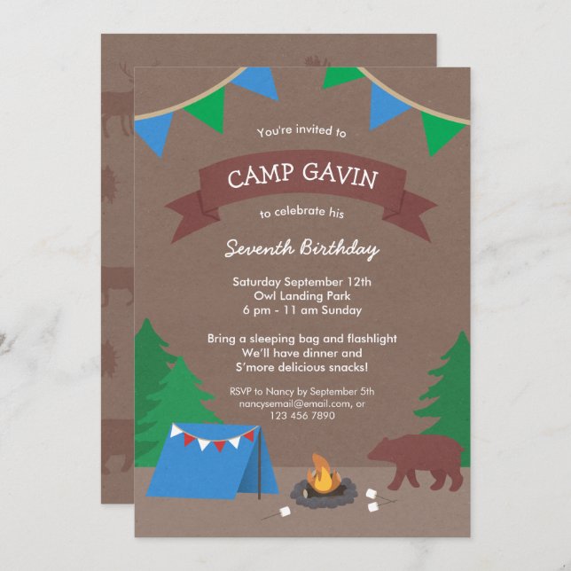 Camping rustique Cute Invitations de fête d'annive (Devant / Derrière)