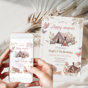 Camping Tente Bonfire Girl Anniversaire Invitation