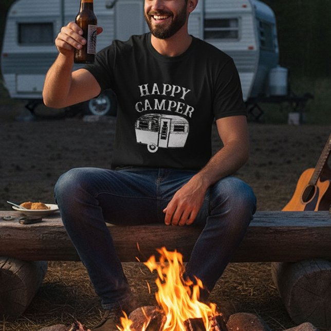 Camping Trailer Happy Camper Black T-Shirt (Créateur téléchargé)